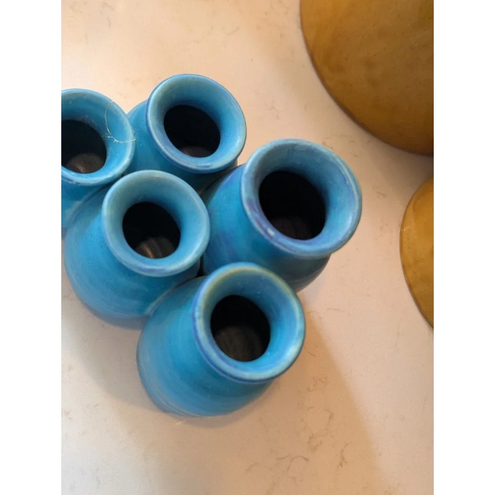 Foxlo Pottery Blue 5-Neck Fused Bud Vase - Studio Stoneware (Repaired)